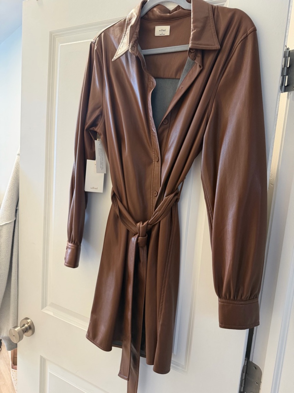 Aritzia Wilfred Cognac Faux Leather Shirt Dress